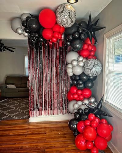 Image of 153Pcs Red and Black Silver Balloons Garland Arch Kit with Stars -22 18 12 10 5 inch Different Size Red Black Metallic Silver Balloon for Birthday Graduation Racing Car Poker Party Decorations