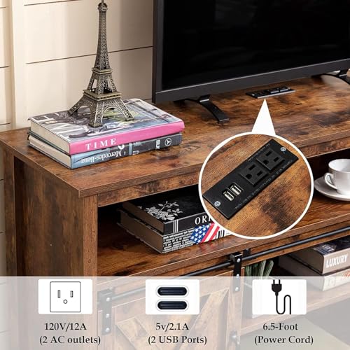 Vinctik 6&Fox 57In Wooden Farmhouse Entertainment Center for 60/65 inch TV,Double Layer Storage Farmhouse TV Stand,Double-Row Sockets with Wood Sliding Barn Door TV Stand(Double Layer Vintage Brown) - Image 4