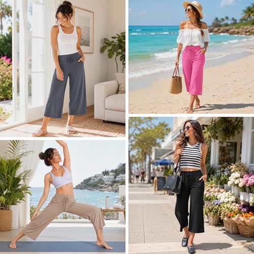 Image of TNNZEET 3 Pack Women's Wide Leg Pants with Pockets - Casual Loose Yoga Trouser Pants Sweatpants Palazzo Lounge Pajama Pants