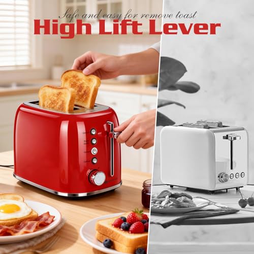 Image of Aigostar Toaster 2 Slice, Retro Extra-Wide Slot, Red