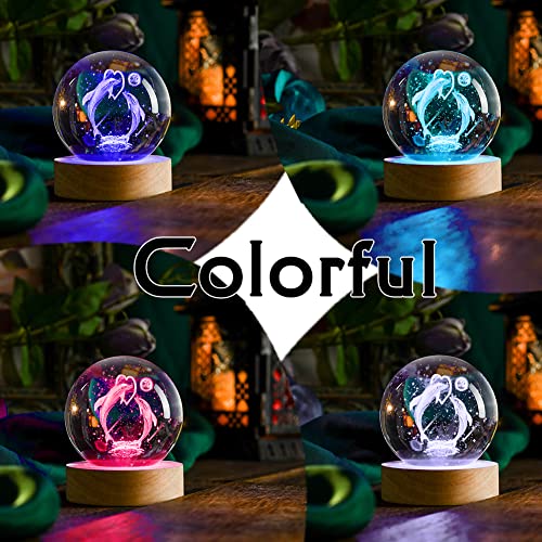 Image of IFOLAINA Dolphin LED Gift 3D Dolphins Figurines In Crystal Ball Laser Engraved Glass Sphere Home Decor With Wooden Light Base | Engraved Glass Dolphin Sphere Figurines Decorative Decor Lamp for Room Holidays
