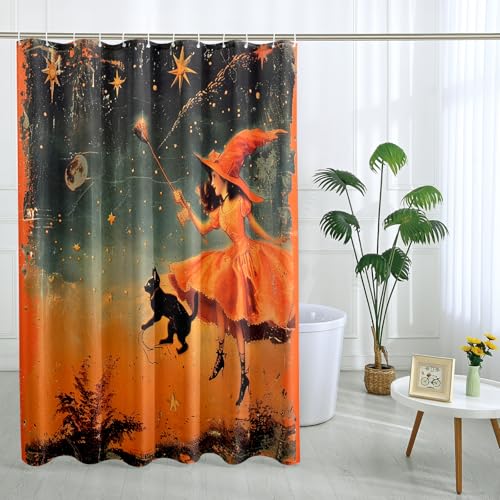 Hexen-Duschvorhang, Halloween-Duschvorhang, orangefarbener Stern, Zauberer, Hexe, Duschvorhang für Badezimmer, Herbst, gruselig, Vintage, wasserdichter Stoff, Duschvorhang-Set mit Haken, 183 x 183 cm