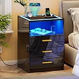 Gurexl LED Bedside Table with Wireless Charging Station, Black Bedroom Bedside Table with Smart Night Stand with 3 Drawers Modern Bedside Tables for Bedroom, Living Room
