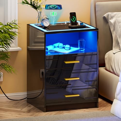 Gurexl LED Bedside Table with Wireless Charging Station, Black Bedroom Bedside Table with Smart Night Stand with 3 Drawers Modern Bedside Table for Bedroom, Living Room