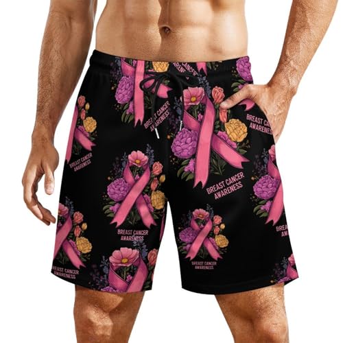 Breast Cancer Ribbon Awareness Beach Shorts for Men Swim Trunks Quick Dry Swim Shorts with Compression Liner Pocket