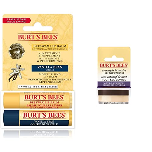 Tratamiento labial intensivo nocturno 100% natural Burt's Bees + Bálsamo labial hidratante 100% natural, pack dos por uno, cera de abejas y vainilla