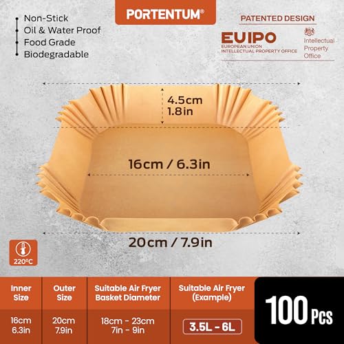 PORTENTUM Air Fryer Liners 100PCS Disposable, Unbleached and Greaseproof. Suitable from 3.5 to 6 liters. Food-Grade Use Baking Paper BPA Free, FDA, and LFGB Certified (Package may vary)