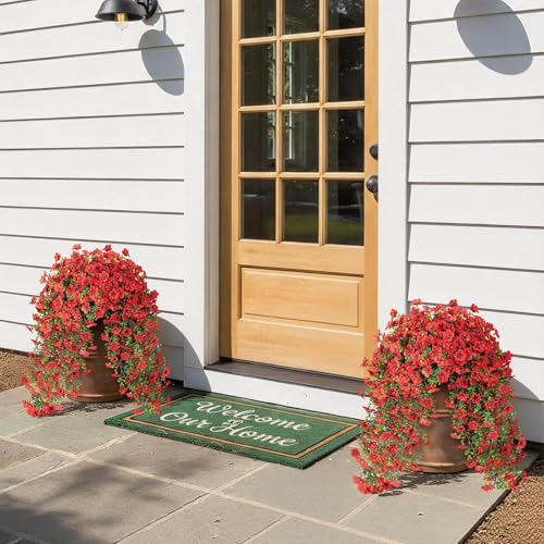 Image of VIERENA 4 Bundles 29.5 inch Artificial Hanging Silk Flowers for Front Door(Red) | Realistic Fake Morning Glory Flowers with Faux Eucalyptus, for Eave Porch Yard Garden Patio Balcony Home Outdoor Decoration