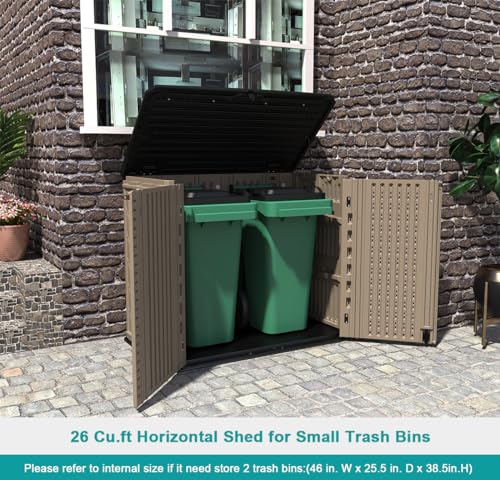 Image of KINYING Outdoor Storage Shed - Horizontal Storage Cabinet Waterproof for Garden, Patio, Backyard, Storage Box for Easy Storage of Garbage Cans, Tools, Lawn Mower, 26 Cubic Feet,Dark Brown