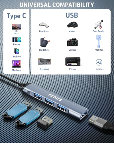 Image of FEDUS 3.0 USB C Hub, 4 in 1 Type C Multi USB Connector Adapter with USB 3.0 and USB 2.0 Ports, USB Expander for Laptop, Mobile, Pc, Printers, Flash Drive, MacBooks, HDD, Camera, Keyboard,Mouse