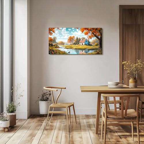 SERIMINO Nature Landscape Wall Art, Lakeside Farmhouse Canvas Large Artwork, Autumn Forest Cottage Scenic Wall Prints, Rustic Pictures Wall Decor Living Room Bedroom Bathroom Kitchen 20"X40"