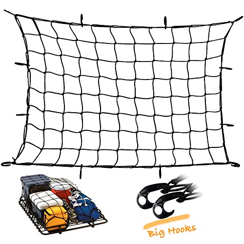 Upgraded Latex Bungee Cord Cargo Net, Kindax 47" x 36" Cargo Net with 12 Big Removable Hooks Stretches to 80" x 60" for The Secure Carrying on Roof Luggage Rack, Cargo Carrier and Pickup Truck Bed