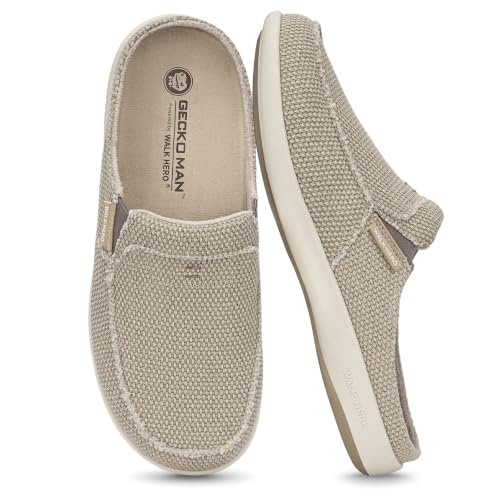 Plantar Fasciitis Slippers for Men with Arch Support, Canvas Orthotic Slipper for Men with Suede Insole and Velvet Lining, Slip on Clog House Slipper with Indoor Outdoor Anti-Skid Rubber Sole, Beige