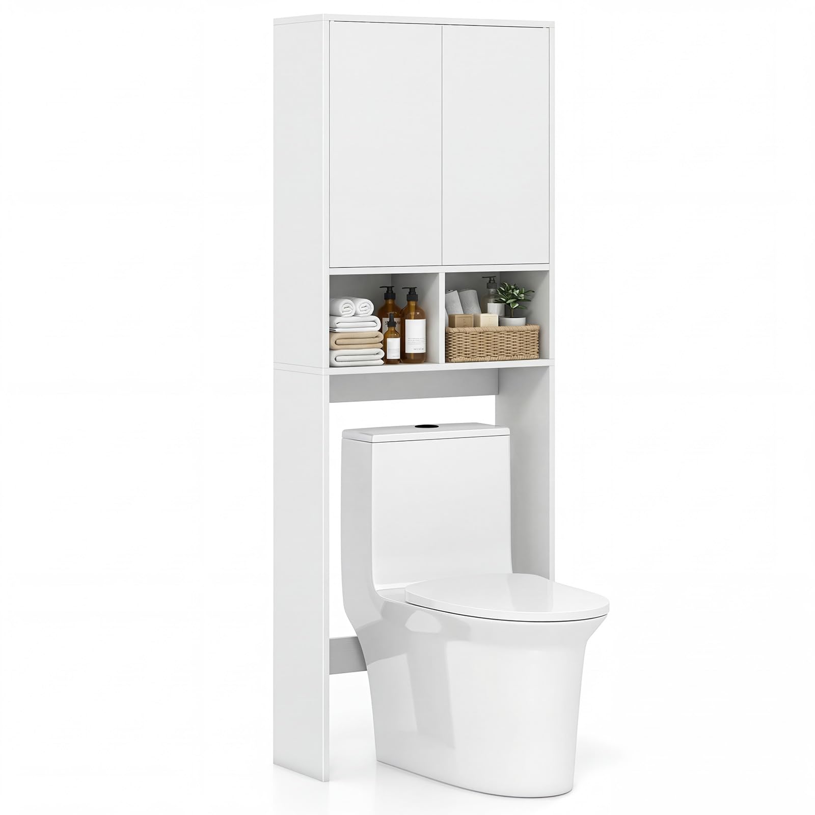 COSTWAY Armario de Almacenamiento sobre el Inodoro, Mueble Organizador de Baño con Puertas, 2 Compartimentos Abiertos, Estante Ajustable, Gabinete Estantería Ahorro de Espacio para Lavandería, Blanco
