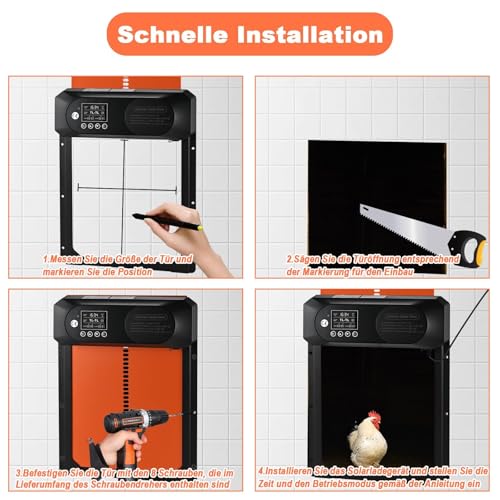 Automatische Hühnerklappe Solar, Cieex Größe Elektrische Hühnerklappe mit Timer, Wasserdicht LED Display, Lichtsensor, Fernbedienung, Auminum Solar Hühnerstalltür Intelligenter Einklemmschutz
