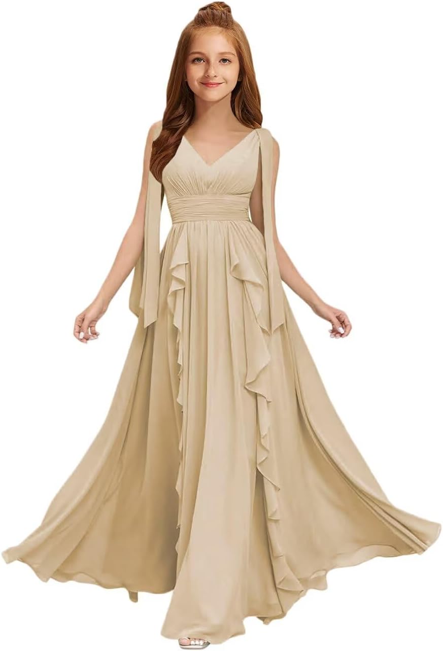 MRHUSH Junior Bridesmaid Dresses for Teen Girls Formal Dress Chiffon Ruffles Flower Girl Dress for Wedding V Neck Party Gown