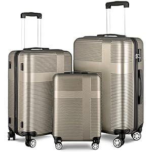 3 Piece Luggage Set ABS Durable Lightweight Suitcase Sets with Hooks Spinner Wheels TSA Lock,Champagne