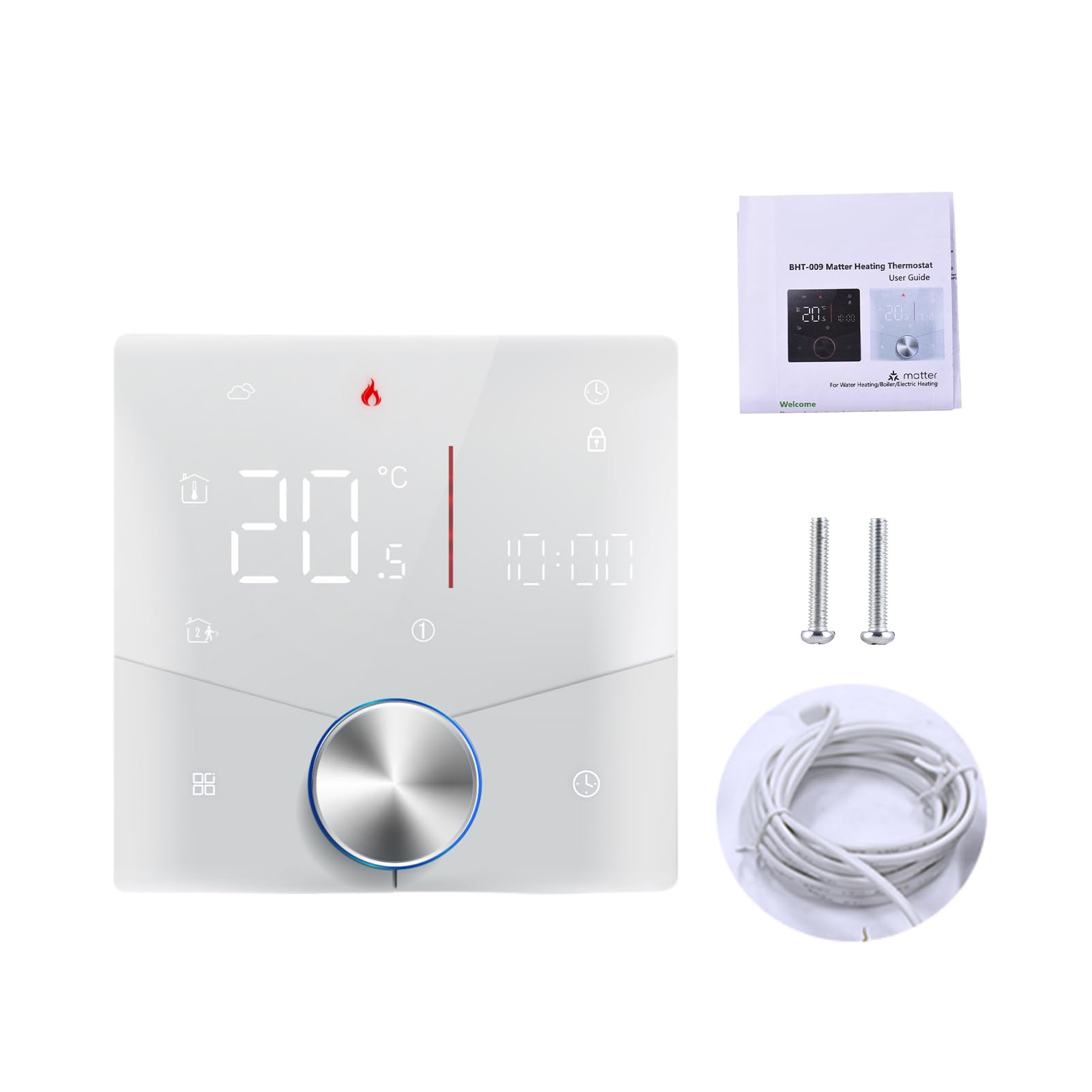 Kabelloser Matter-Thermostat für die Heizung von Wasser- und Gaskesseln zu Hause mit Touchscreen und Drehknopf, 7x6 wöchentlich programmierbar, kompatibel mit (Elektrische Heizung)