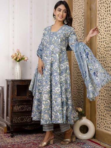 Image of PARTHVI Women's Printed Cotton Anarkali Kurta & Pant With Dupatta Set