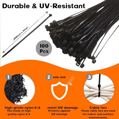 100 unidades de bridas resistentes de 12 pulgadas, nylon resistente a UV con diseño auto-bloqueante para cables, jardín, hogar, oficina y embalaje interior y exterior. miniatura 3
