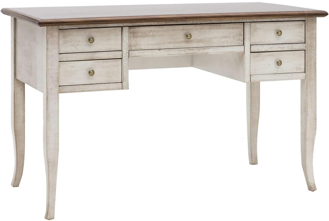 Vicentini arreda SCRIVANIA SCRITTOIO IN LEGNO SHABBY CHIC BICOLORE BIANCO ANTICATO E NOCE (L 105 P 56 H 81)