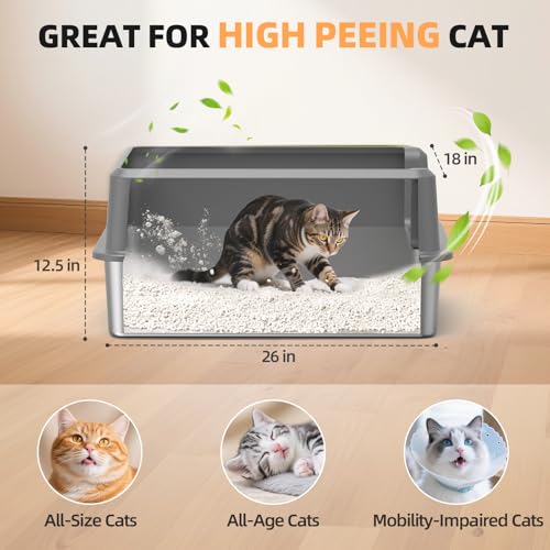 Image of WoofiGo Enclosed Stainless Steel Cat Litter Box with Lid, XL Extra Large Litter Box for Big Cats, Metal Litter Pan High Sided, Never Absorbs Odors, Anti-Urine Leakage, Include Scoop (65-LightGray)