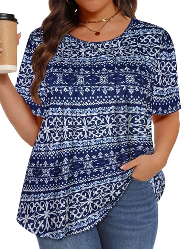 Image of Plus Size Tops for Women Pleated Summer Top Trendy Short Sleeve Shirts Casual Basic Tee Crew Neck Blouses 2026