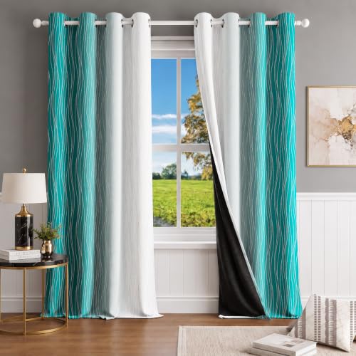 Image of Ultimate Trends Ombre Blackout Curtains for Bedroom Room Darkening Curtains for Living Room,Energy Saving,Thermal Insulated Grommet Window Drapes, Teal and Greyish White, 6 FEET,2 Panels