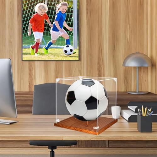 Image of Clear Acrylic Soccer Ball Display Case with Wood Base & Tee, Memorabilia Stand Cube Holder, Dust Protection Transparent Storage Box for Single Ball Souvenir Soccer Ball Collections