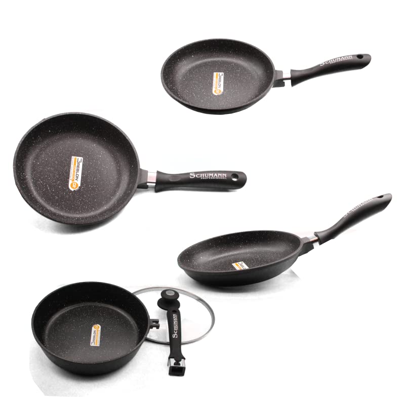Schumann Professionnel - Lot 3 Poêles 20/24/28cm - Sauteuse 28cm - Revêtement en Pierre - Compatibles Tous feux dont Induction - Fonte d'Aluminium Sans PFOA...