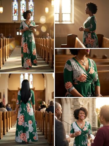 Image of Yajedo Womens Casual Summer Maxi Dress Plus Size Sexy Wrap V Neck 3 /4 Sleeve Sundress with Pockets