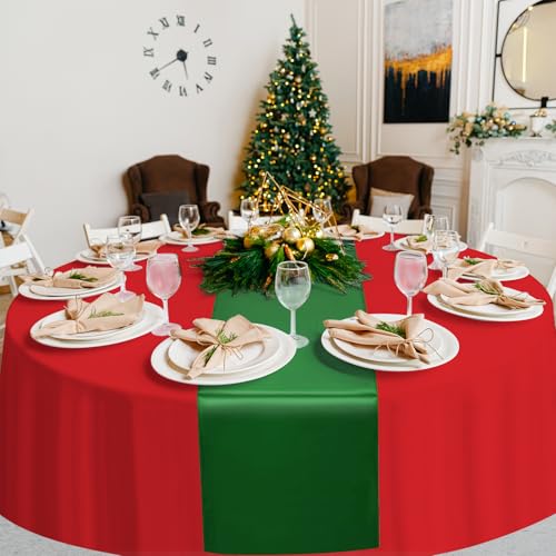Image of 12Pack 12x108Inch Satin Table Runner and 84Inch Round Plastic Tablecloths Set Christmas Red and Green Disposable Table Cloth Cover for New Year Christmas Wedding Holiday Anniversary Party Decorations