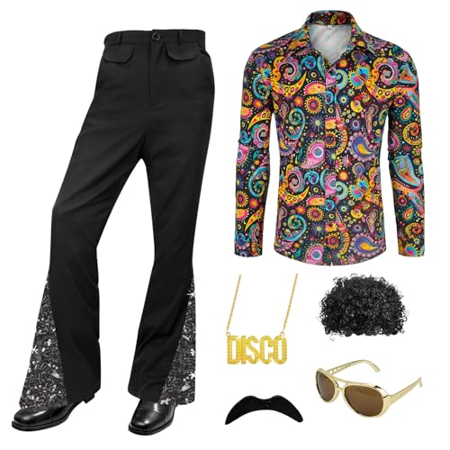 Malloom 70s Outfits for Men 6 Pcs Disco Outfit Retro Costume with Bell Bottom Pants for Disco Party (Floral) (M)