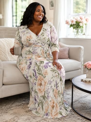 Image of SUZONANA Plus Size Dresses for Women Floral Print Maxi Dress Flowy 3 /4 Sleeve with Belt