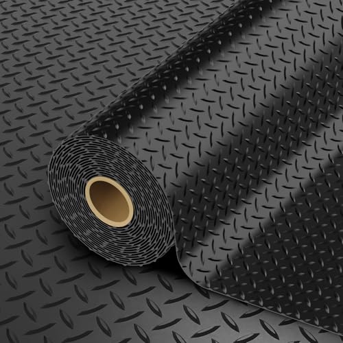 StellarStar 8x25 FT Garage Floor Mat, 2.8mm Thickened PVC Flooring Roll for Under Car, 200 SQFT Diamond Plate Black Garage Mats for Garage, Warehouse, Basement, Factory, Trailer (Include Tapes)