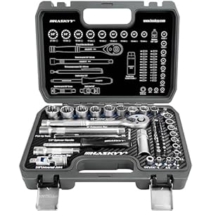 HASKYY Juego de Llaves de Vaso Profesionales, Llave de Carraca Reversible de 1/4″ y 3/8″, Trinquete de Torx-XZN-E-Profile Set, Kit de Herramientas Mecánicas para el Auto, 52 piezas