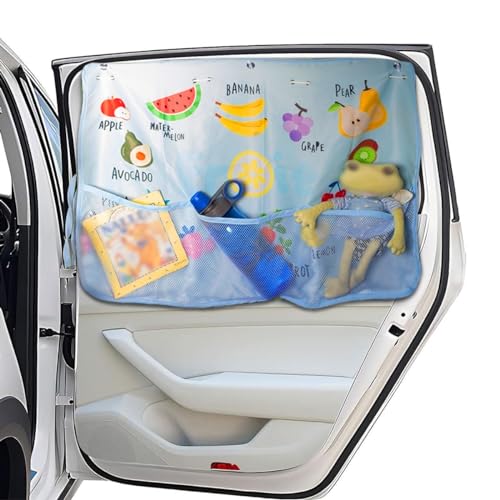 Image of povtii Car Window Shade for Baby, 19.5"×26.8" Cartoon Pattern Auto Window Curtain Blocks Sun & Heat, Vehicle Side Window Sun Shield with Pocket & Suction Cups, Car Accessories (Blue Fruit)