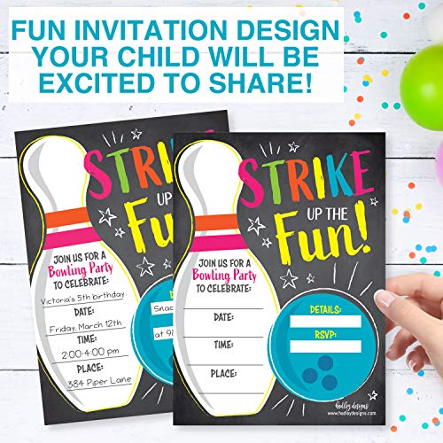 Image of Hadley Designs Kids Birthday Invitations For Boys and Girls Bowling Theme - 25 Neon Birthday Party Invitations For Boys, Bowling Invites For Girls, Cute Party Supplies, Made In USA