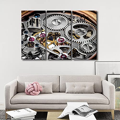 TUMOVO Engine Paintings Luxury Watch Pictures 3 Panel Canvas Wall Art for Living Room Mechanical Clock Artwork Contemporary Home Decor Giclee Framed Ready to Hang Posters and Prints- 36 Wx24 H