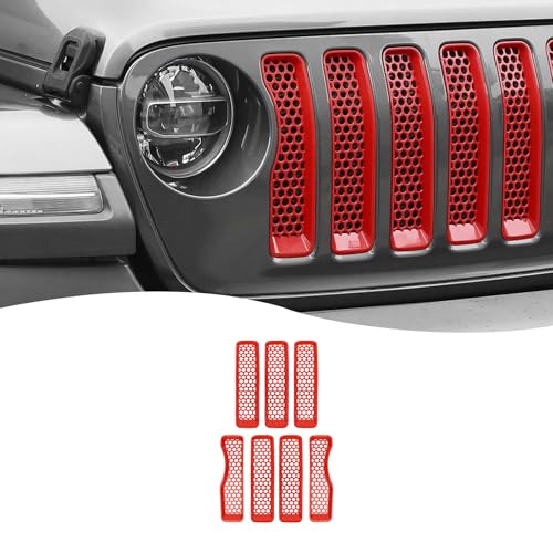 Image of Hoolcar Front Grill Insert Cover Trim Kit Compatible with Jeep Wrangler JL JLU 2018-2024 2025 Front Honeycomb Grille Cover Guard Exterior Accessories, Red, 7 PCs, Basic Version