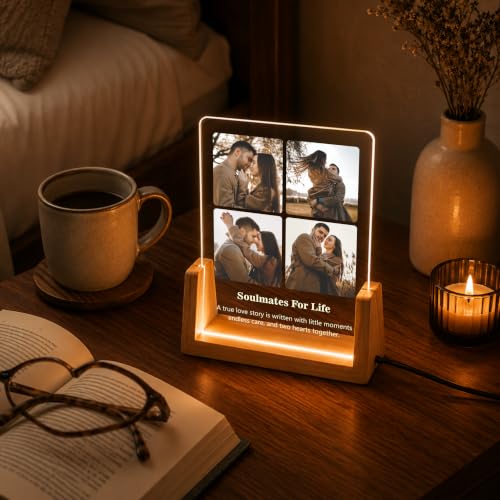 Image of Giftplease Personalized LED Acrylic Photo Frame with Custom Photo & Text | Engraved Acrylic Picture Lamp | Wooden Base |Customized Picture Frame | Anniversary Wedding Birthday Couple Family Home Decor