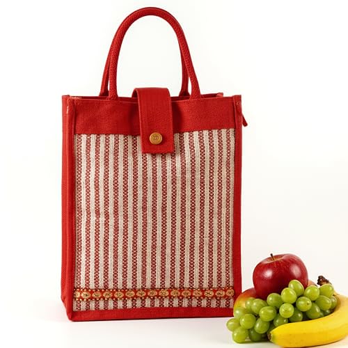 Image of Kuber Industries Jute Medium Shopping Bag for Women with Handle | Multipurpose and Reusable Carry /Shopping Bag for Grocery | Lining Design - Red