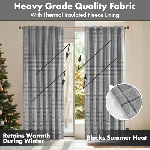 Image of Madison Park Anaheim Cabin Plaid Curtain Window, Thermal Insulated Fleece Lining, Living Room Decor Room Darkening Drape for Bedroom, 1-Single Panel Pack, 50x108, Rod Pocket & Back Tab, Grey