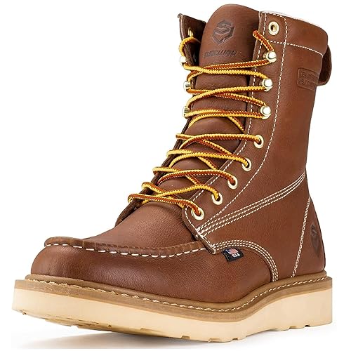 SUREWAY Mens 8 in Wedge Moc Soft/Steel Toe Work Boots for Men,Full-Grain Leather,Industrial Construction Boots/Shoes for Women,Waterproof Soft Toe TOBACCO,Size 9.5