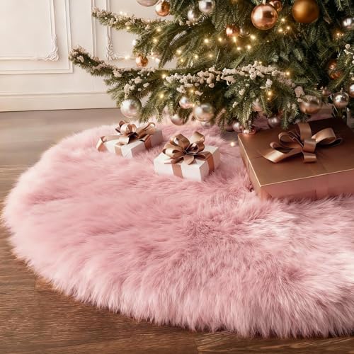 60 Inch Large Christmas Tree Skirt Pink Faux Fur Plush Tree Mat Base Cover for Merry Christmas Party Holiday Home Indoor Xmas Tree Decorations by BSSN - Used condition - US$14.64