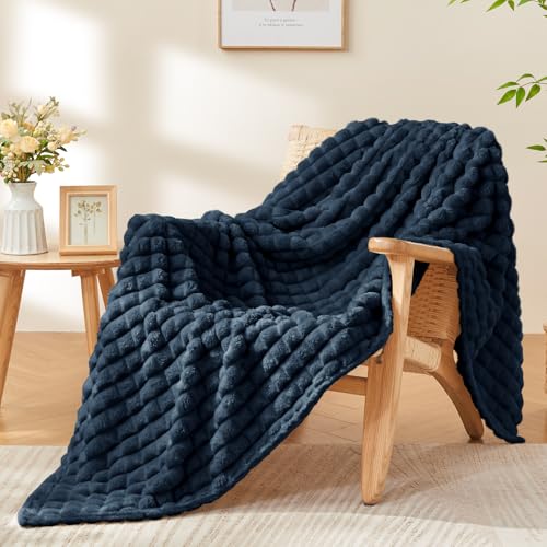 Image of BEDELITE 3D Checked Navy Fleece Throw Blanket for Couch, 50x70 Inch