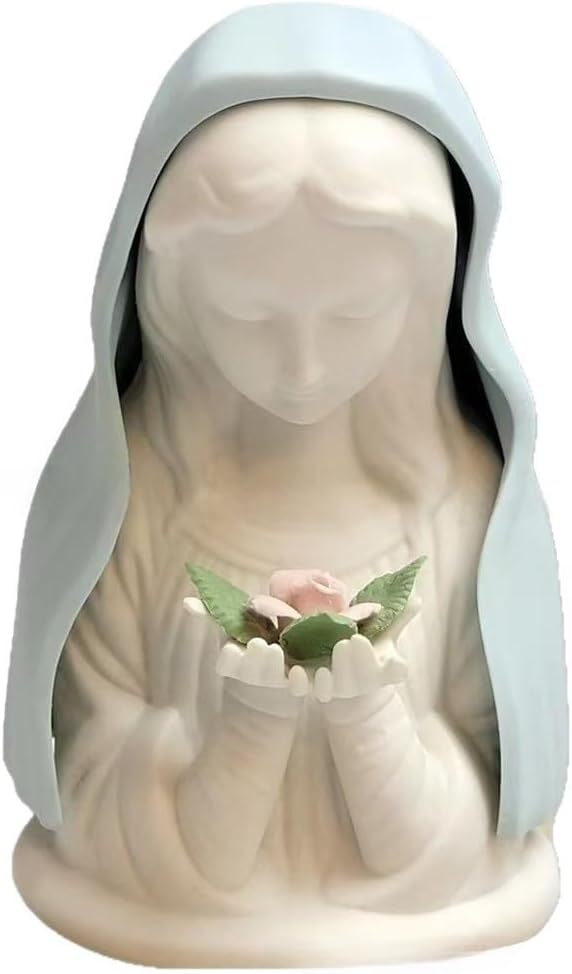 Virgin Mary Prayer Night Light, Resin Religious Figurine with Illumination, Decorative Statue with Rose Detail (Model A)