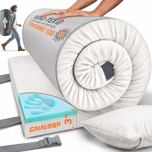 Image of GAIALOOP 3 Inch Memory Foam Camping Mattress, Dual Layer Thick Sleeping Camp Pad for Car Tent Cot, Roll-Up Portable Glamping Floor Bed for Guests Sleepover