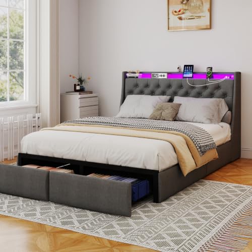 Image of Upholstered Wingback Queen Bed Frame with 2 Storage Drawers and LED Lights | Metal Platform Bed with Storage Headboard and Charging Station, Noise-Free, No Box Spring Needed, Easy Assembly, Gray