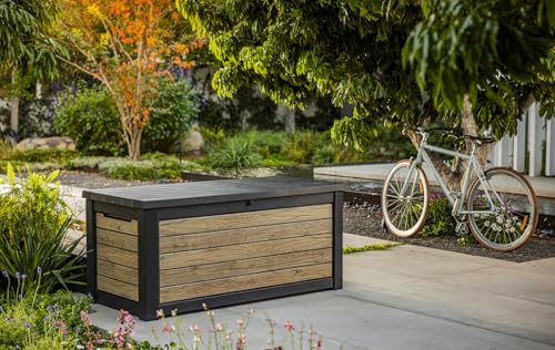 Keter Northwood Auflagenbox/Kissenbox 623 Liter | 100% Wasserdicht mit Belüftung dadurch kein übler Geruch/Schimmel Moderne Holzoptik | Deckel belastbar bis 250 KG | Deckel mit Gasdruckfedern